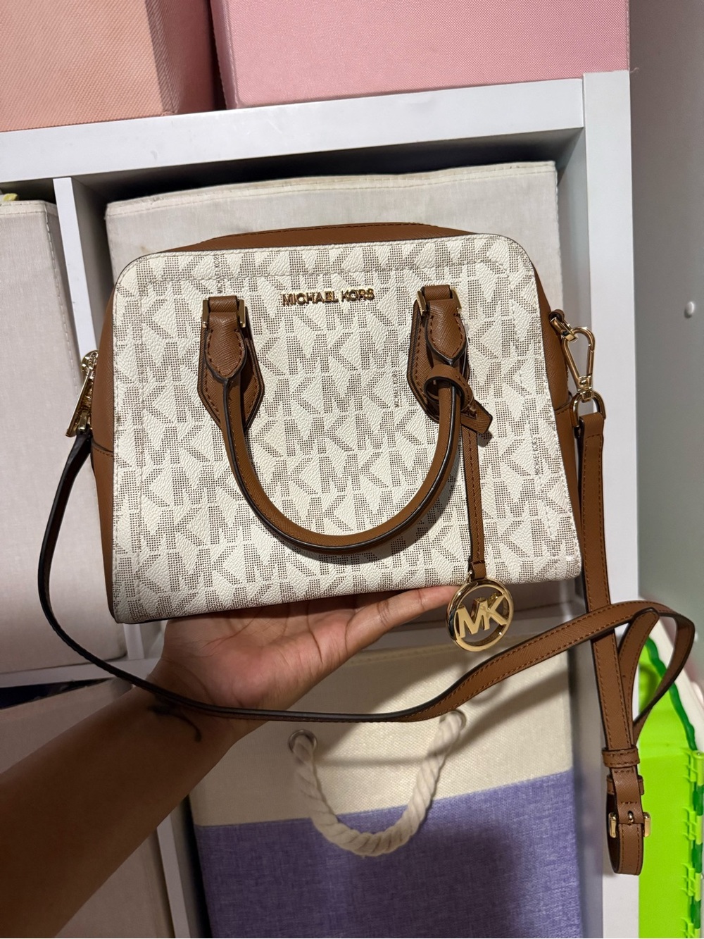 Michael Kors Cream MK Logo Satchel with Brown Trim